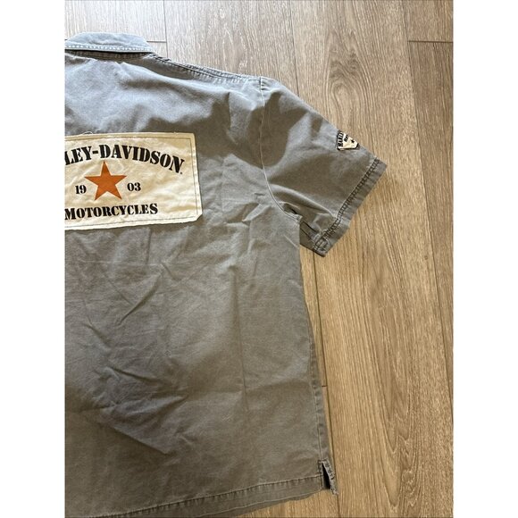 Mens Harley Davidson Gray Embroidered Patched Military Top Gun Button Shirt L - Picture 4 of 12